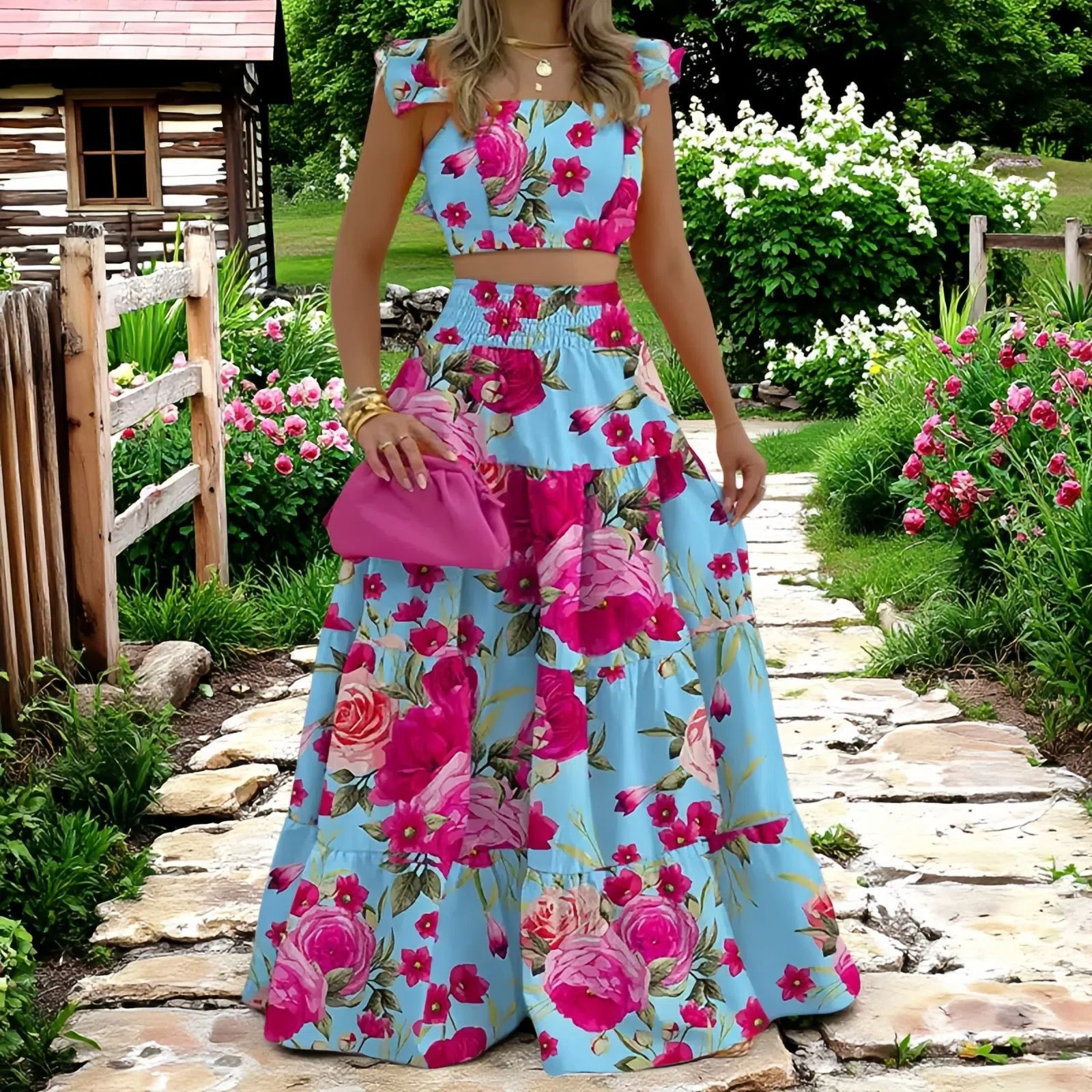 Summer New European and American Style Elegant Sexy Solid Color Mid Waist Strap Swing Two piece Dress Set