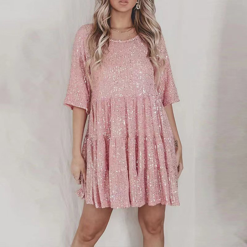 Sequin A Line Mini Dress Round Neck Short Sleeve Loose Fit Party Wear Evening Gown Wholesale Available