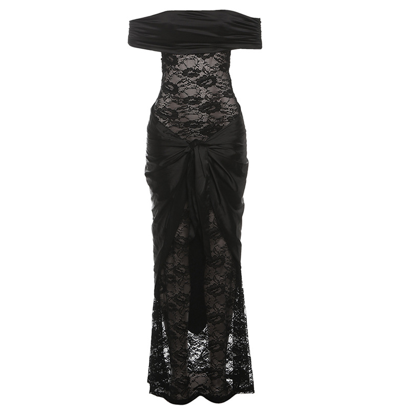 European and American Cross border Autumn New Women's Spliced Lace Sexy Off shoulder Long Slim Dress