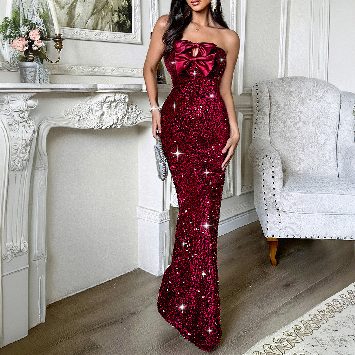 Elegant Evening Dress Strapless Sexy Long Dress for Women Autumn Winter