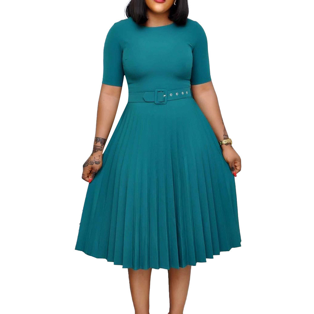 New Women's Mid Length Pleated Skirt with Round Neck, Plus Size African Dress for Cross Border Fashion in Europe and America