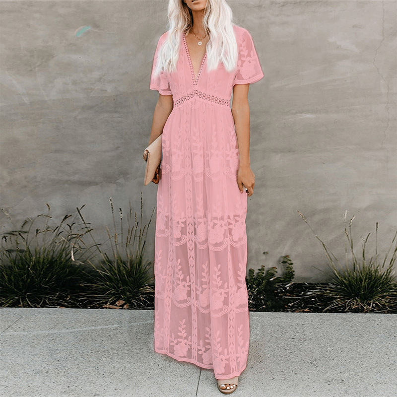 Lace Maxi Dress Embroidered V Neck Solid Color Summer Vacation Style Available in 6 Colors Wholesale