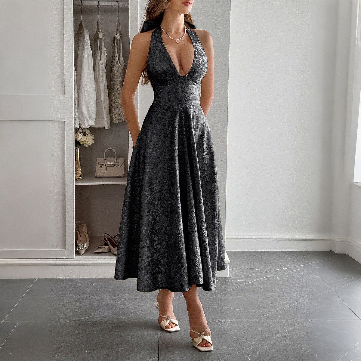 Di Yun European and American Elegant Evening Dress with Neck Hanging, Waist Waist, Long Dress, Women's Wear, Spring Summer Indep