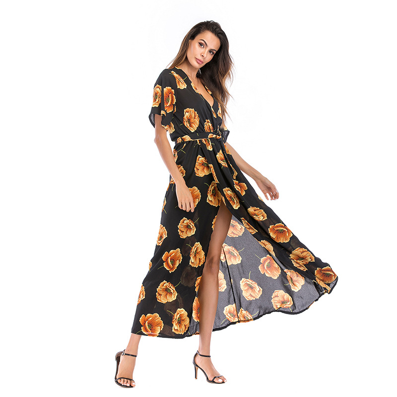Chiffon Maxi Dress Floral Print V Neck Summer Style Perfect for Beachwear Wholesale Available