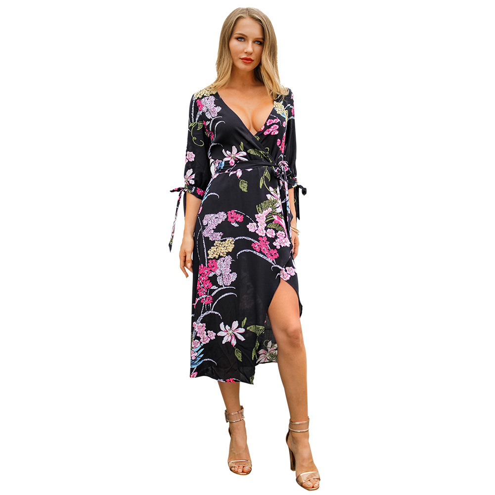 Floral Print V Neck Midi Dress Short Sleeve Spring Summer Style Perfect for Casual Outings Wholesale Available