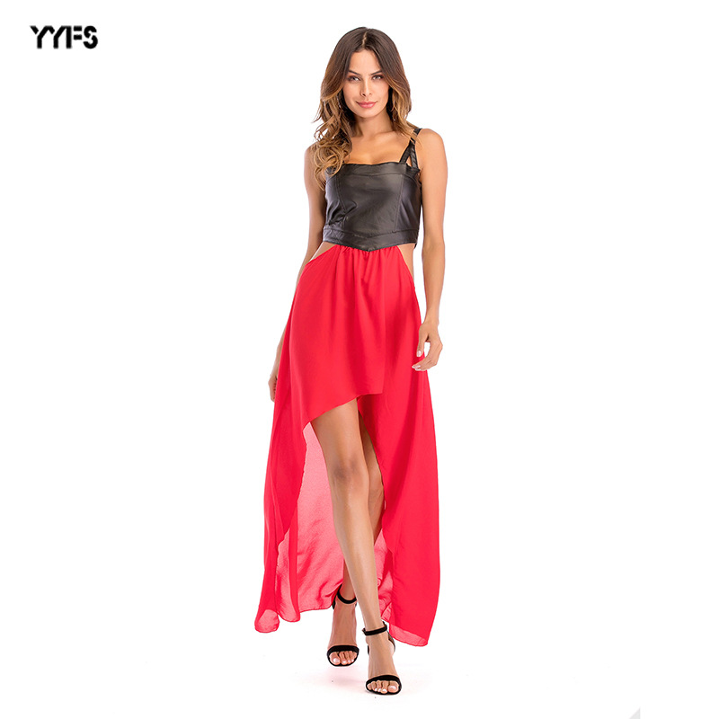 Chiffon Spliced Maxi Dress Sleeveless Waist Exposing Elegant Design Spring Summer Fashion for Women Wholesale
