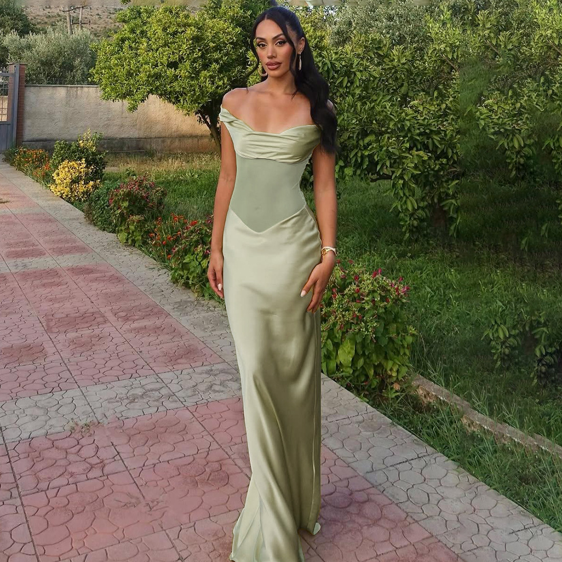 Fashionable Women's Off Shoulder Sheer Mesh Bodycon Maxi Dress for Cross Border Style, Elegant and Sexy Evening Wear