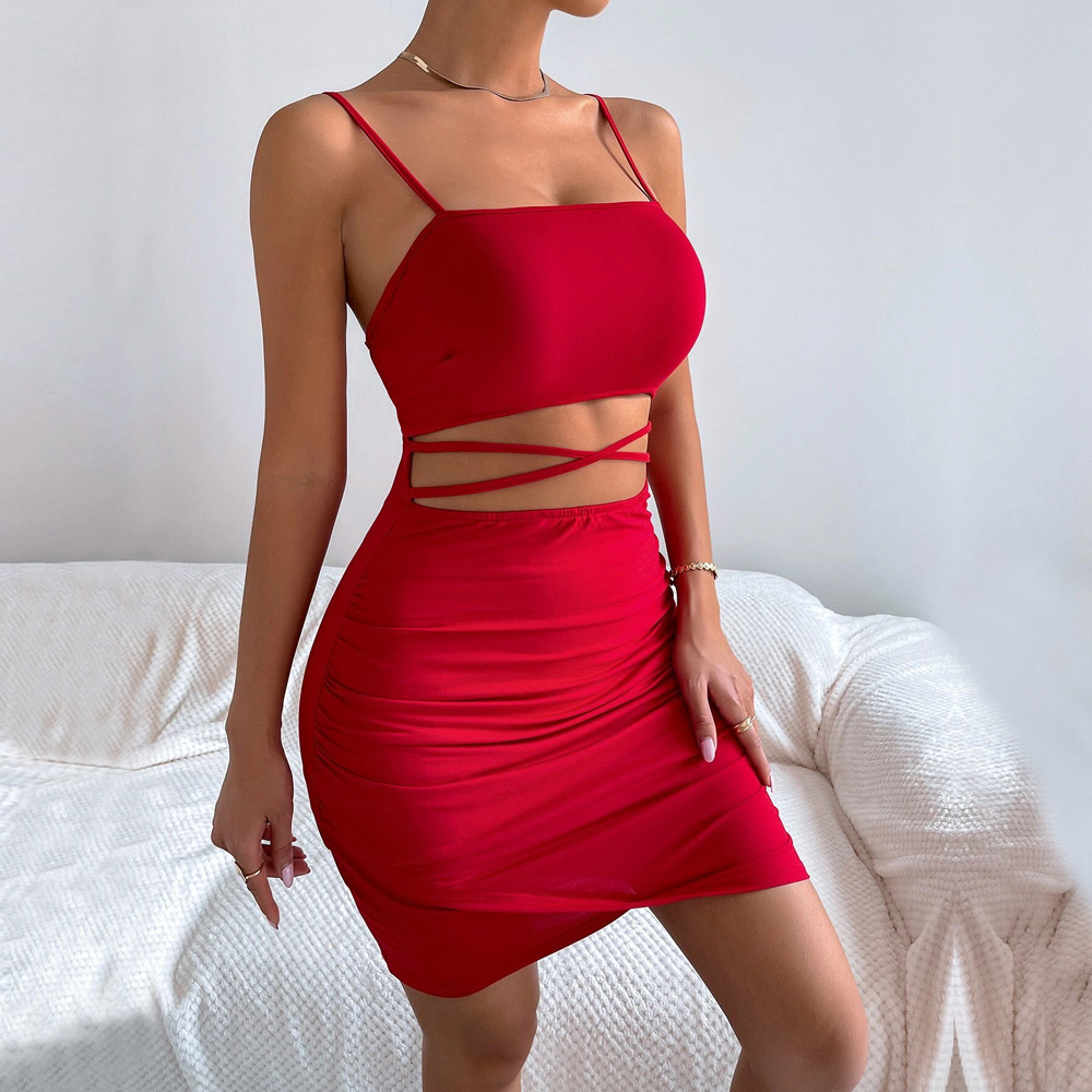 Sexy Hollow Out Solid Color Camisole Bodycon Dress Knitted Mini Dress