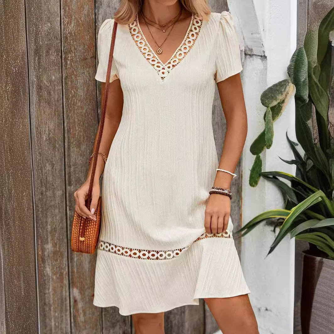 Lace Trim V Neck Loose Fit Dress Summer Style Casual Wear for Women Available for Wholesale custom packaging