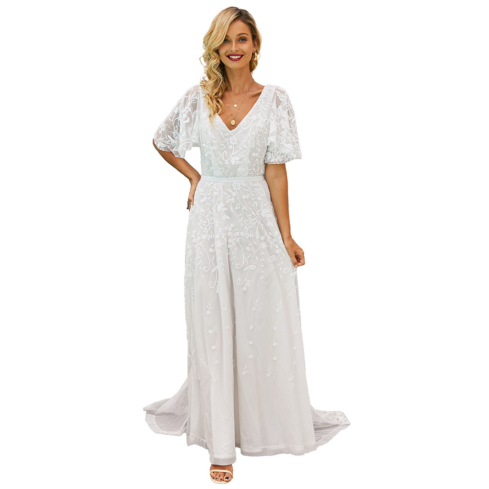 Long Sleeve Lace Embroidered Maxi Dress Solid Color Deep V Neck Backless Elegant Autumn Fashion for Special Occasions
