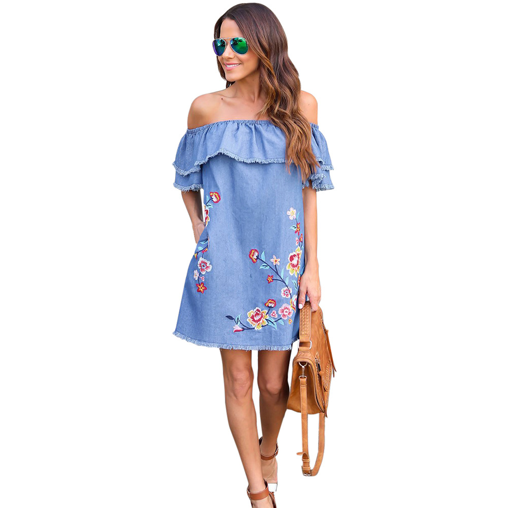 Off Shoulder Embroidered Denim Look Dress Ruffle Hem Summer Style Casual Wear Wholesale Available