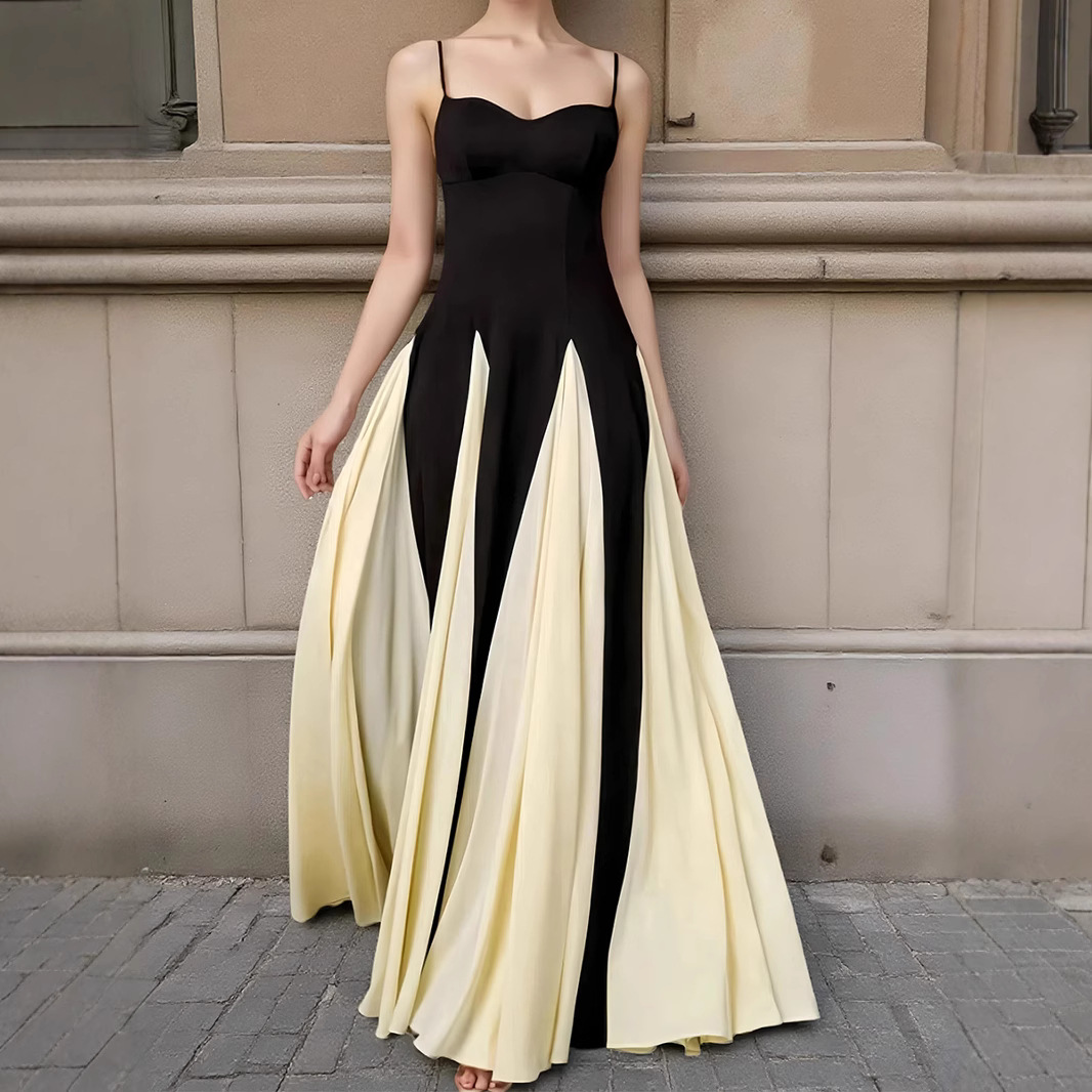 New Women's Dress for Cross Border Trade, Casual Vacation Style French Spaghetti Strap Dress, Large Flare Long Dress