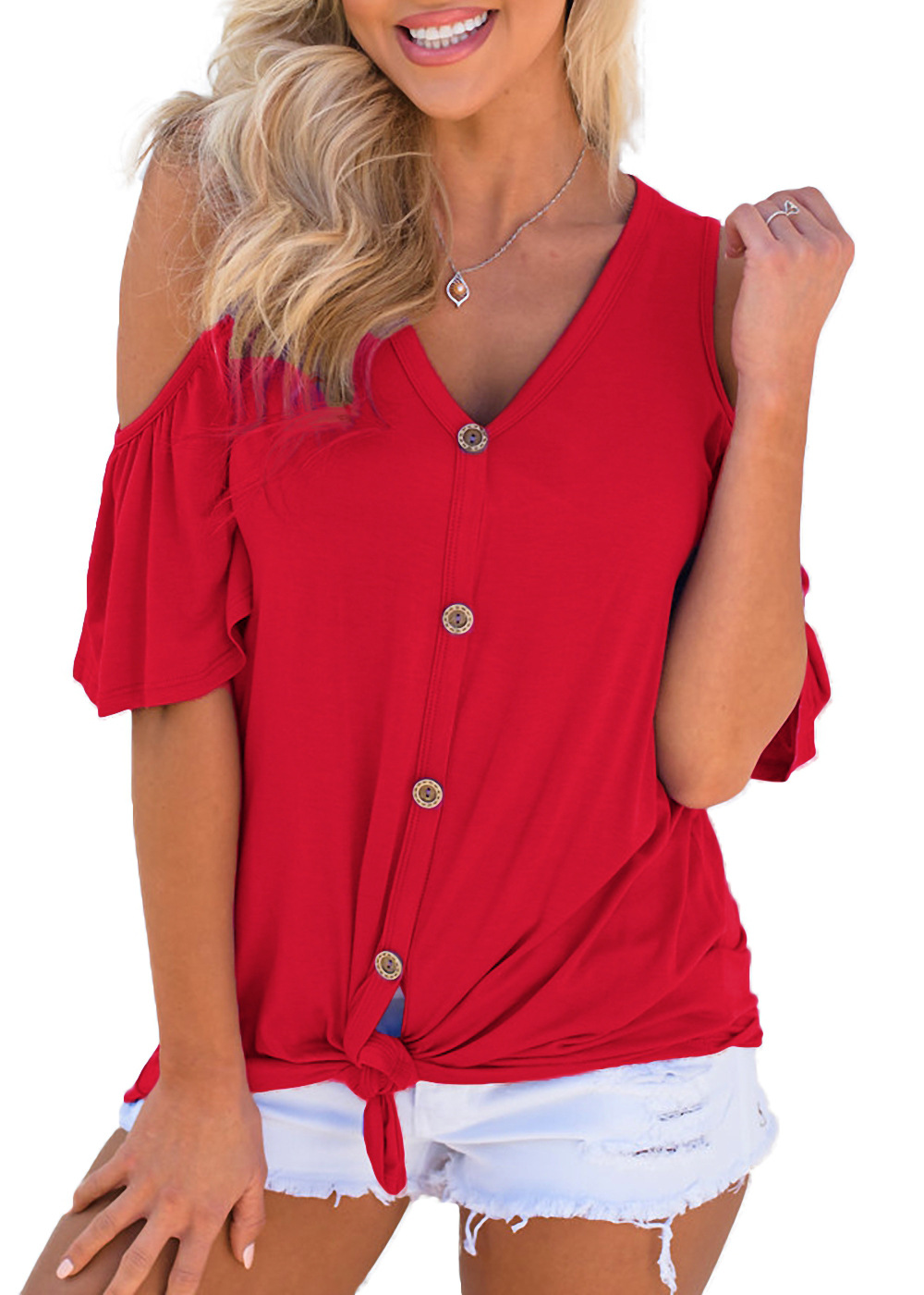 Womens Off Shoulder V Neck Button Knot Ruffle Short Sleeve T Shirt Casual Chic Style Available for Wholesale