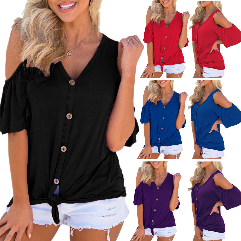 Womens Off Shoulder V Neck Button Knot Ruffle Short Sleeve T Shirt Casual Chic Style Available for Wholesale