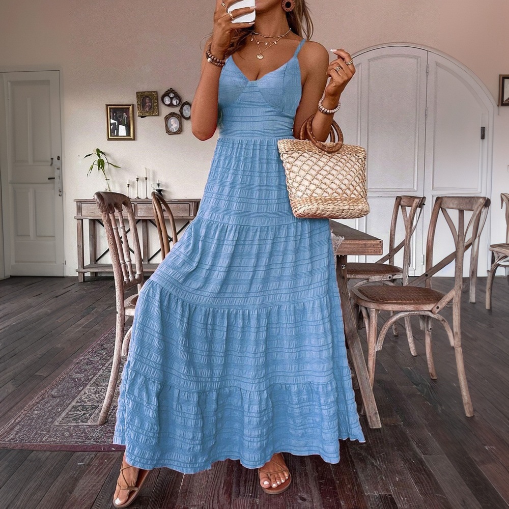 Elegant Solid Color Spaghetti Strap Long Dress for Women Summer