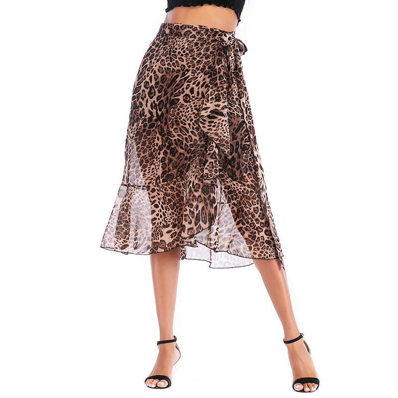 Chiffon Printed Midi Skirt High Waist Tie Detail Leopard Print Casual Spring Fashion for Women Wholesale Available