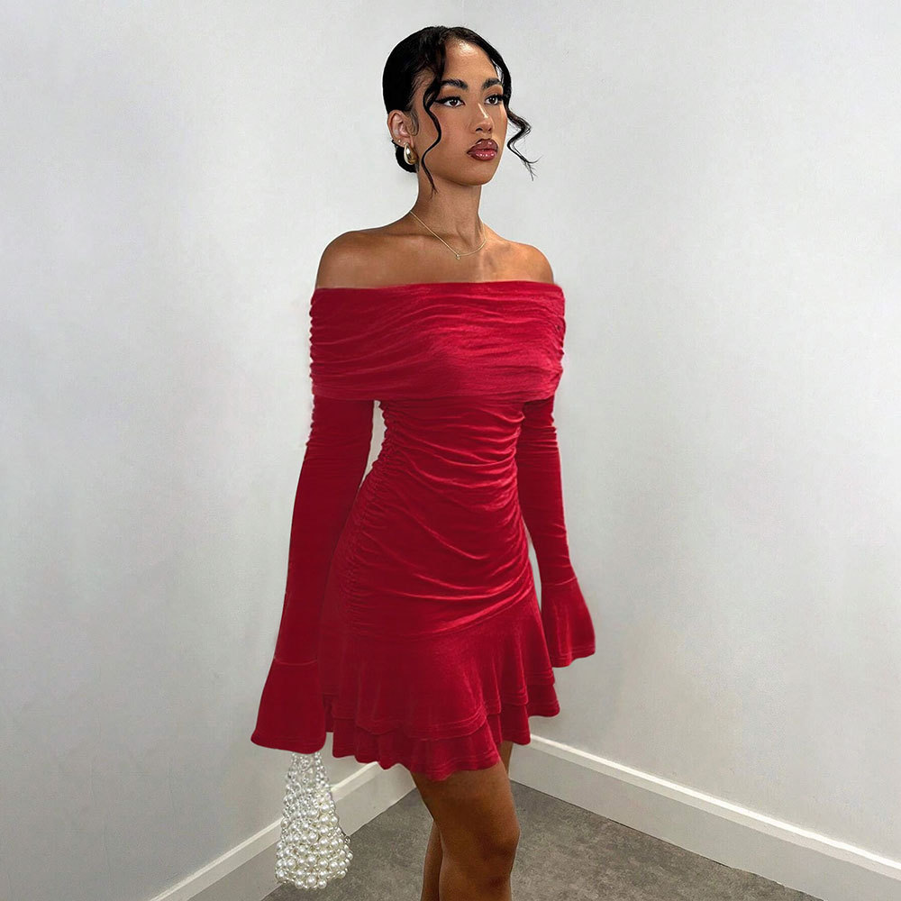 Cross border European and American Autumn Winter New Velvet Sexy Off shoulder Ruffle Long Sleeve Bodycon Dress for Women