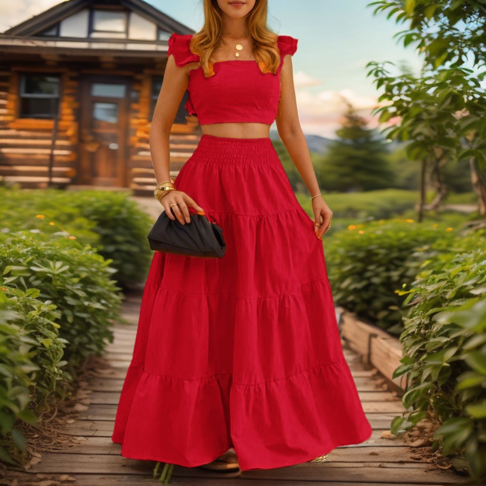 Summer New European and American Style Elegant Sexy Solid Color Mid Waist Strap Swing Two piece Dress Set