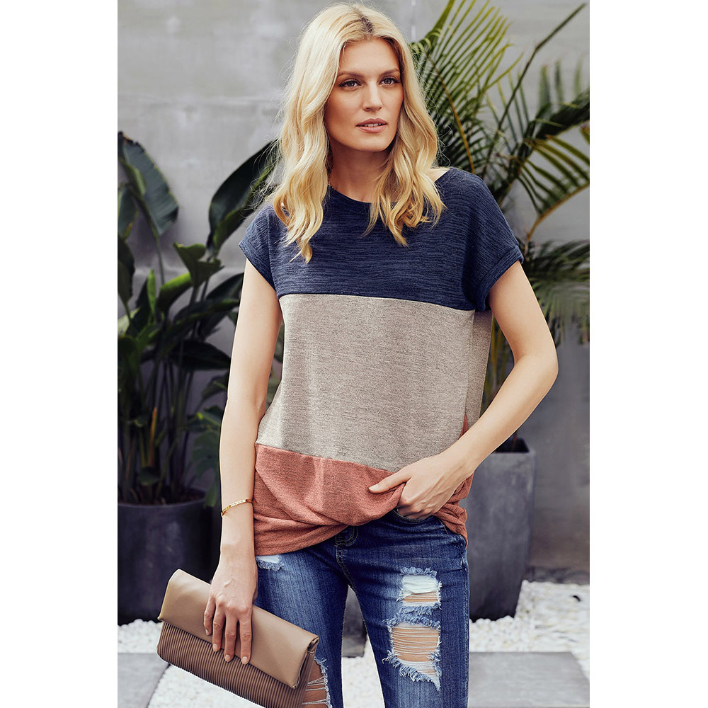 Color Block Asymmetrical Neck Short Sleeve Top Loose Fit Casual Style Perfect for Spring and Summer Wholesale