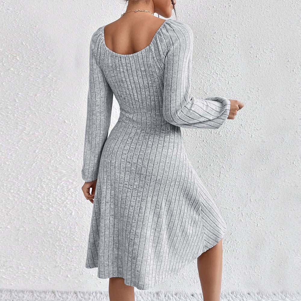 Womens Long Sleeve A Line Dress Square Neck Waist Tie Flared Hem Fall Winter Fashion Wholesale Available