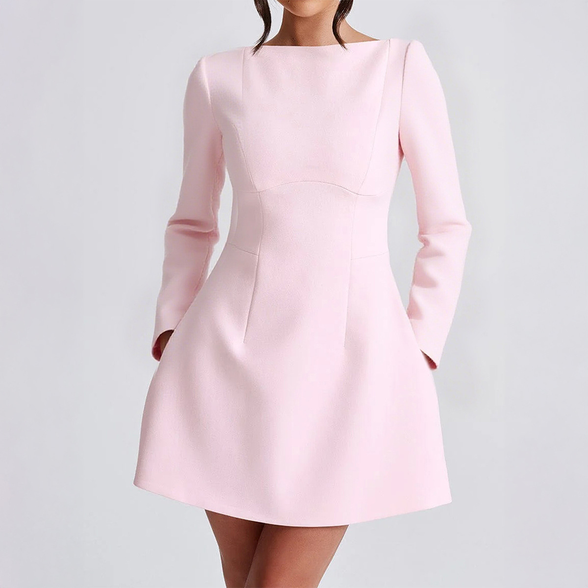 Elegant Solid Color Long Sleeve Short Dress for Women Autumn Winter