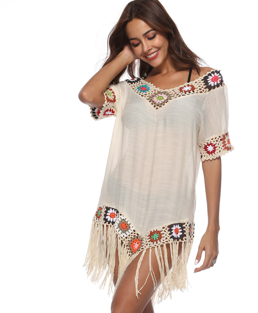 Bohemian Beach Cover Up Long Sleeve Hollow Out Loose Fit Crochet Design Perfect for Summer Vacations Wholesale