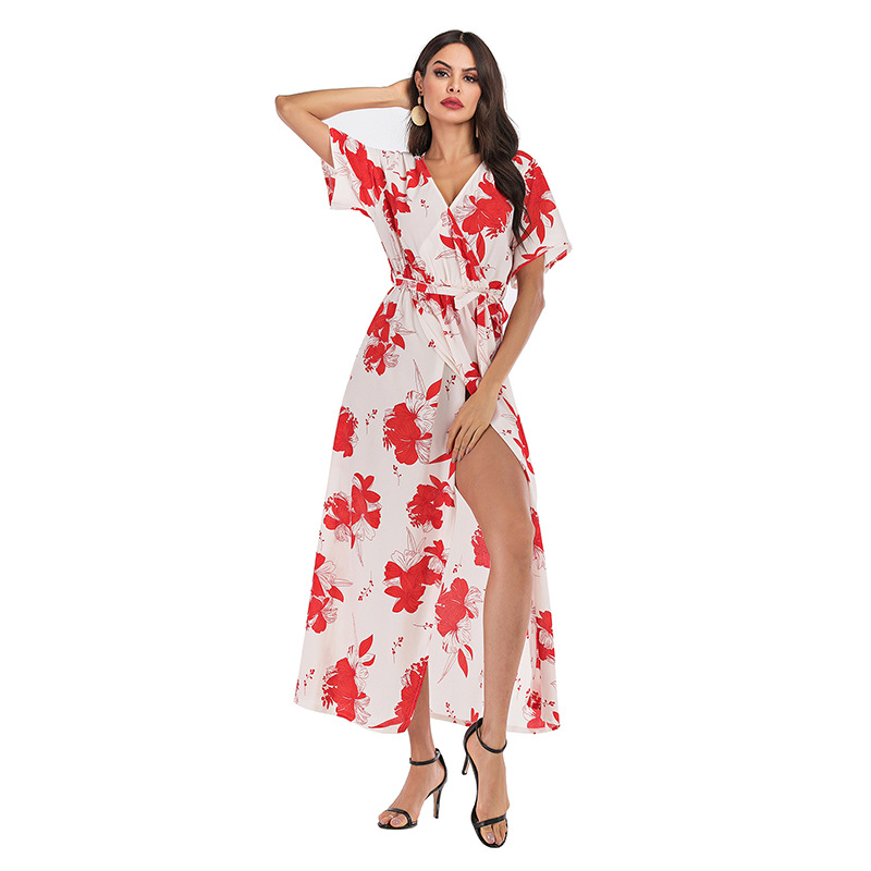 Chiffon Maxi Dress Floral Print V Neck Summer Style Perfect for Beachwear Wholesale Available
