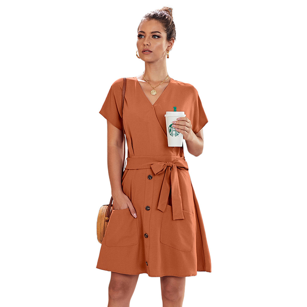 Loose Knee Length Dress for Women Summer Collection Deep V Neck Short Sleeve Button Closure Casual Wear Wholesale