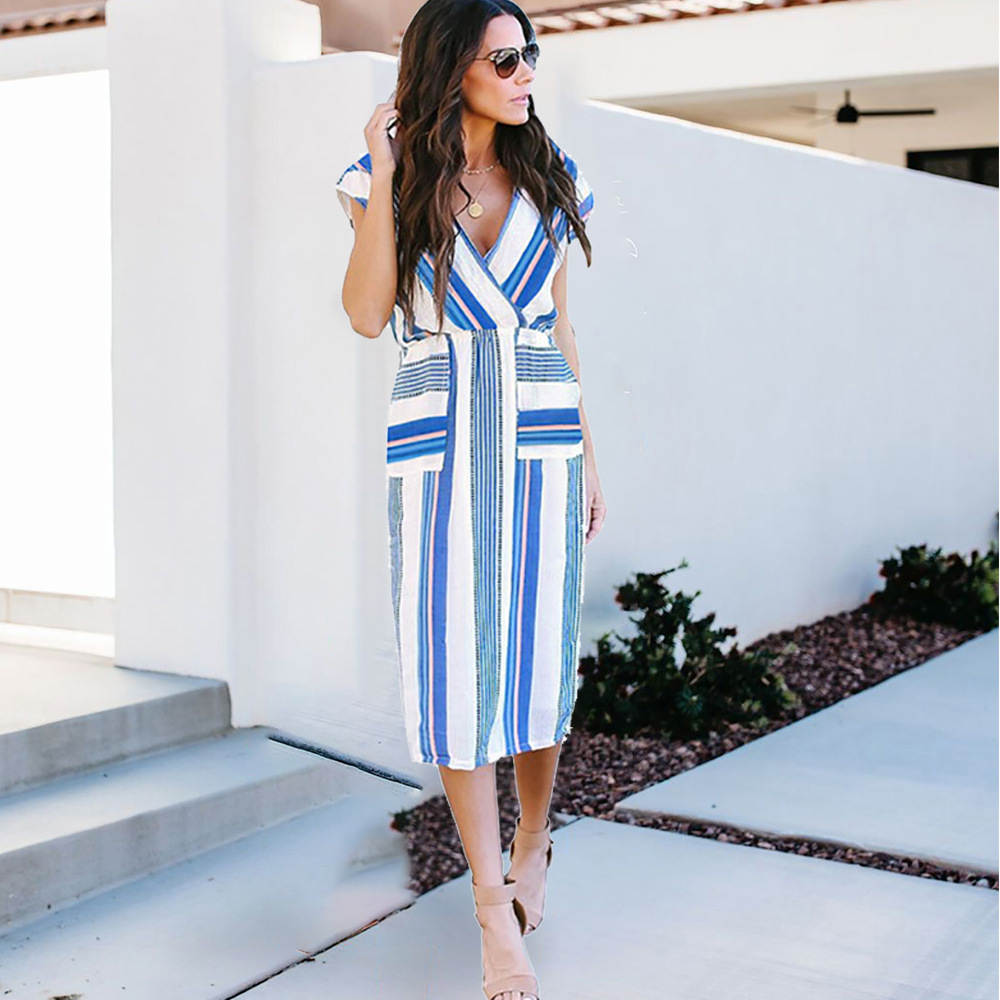 Sleeveless V Neck Blue and White Striped Maxi Dress Loose Fit High Waist Summer Style Wholesale Available