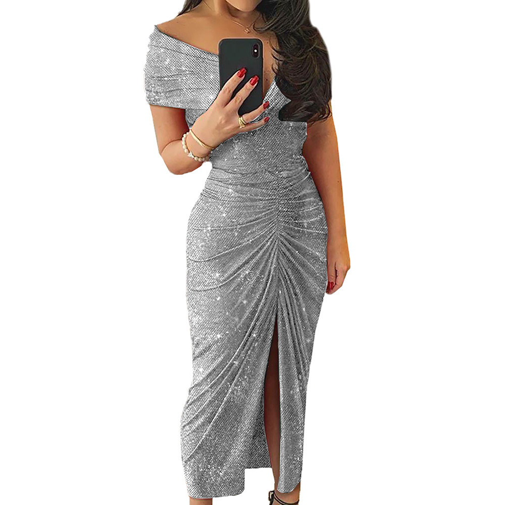 Elegant Long Dress One Shoulder Design Pleated High Slit Spring Fall Fashion Wholesale Available
