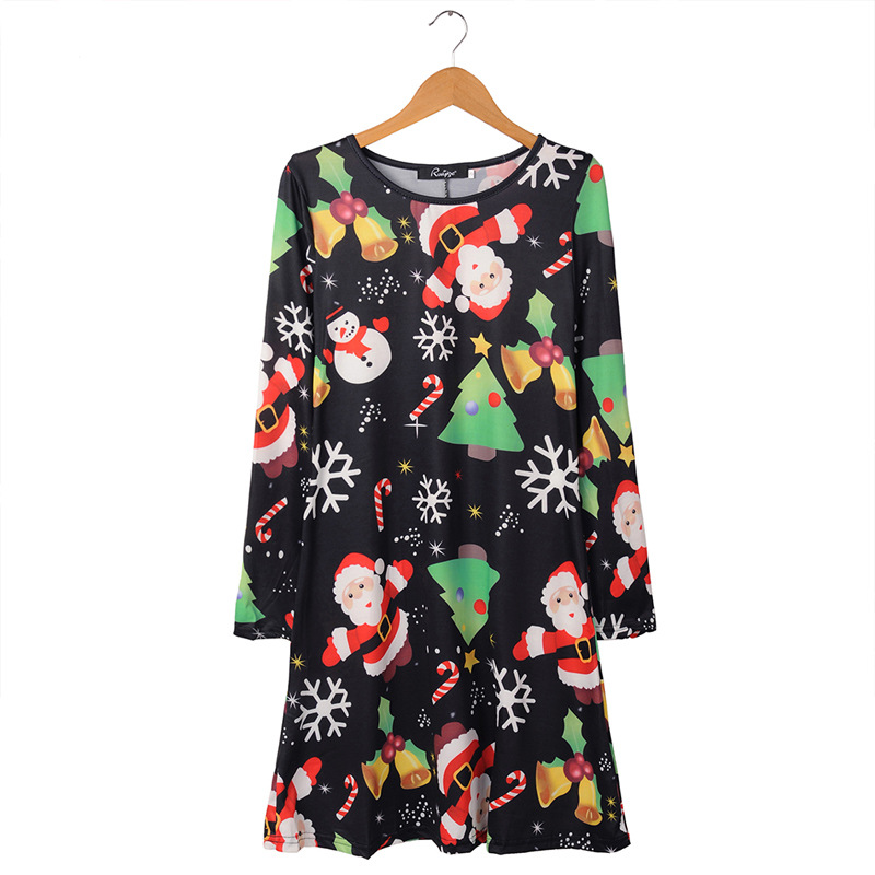 Long Sleeve Christmas Dress Floral Print Mid Waist Elegant Design Autumn Winter Fashion for Women Wholesale