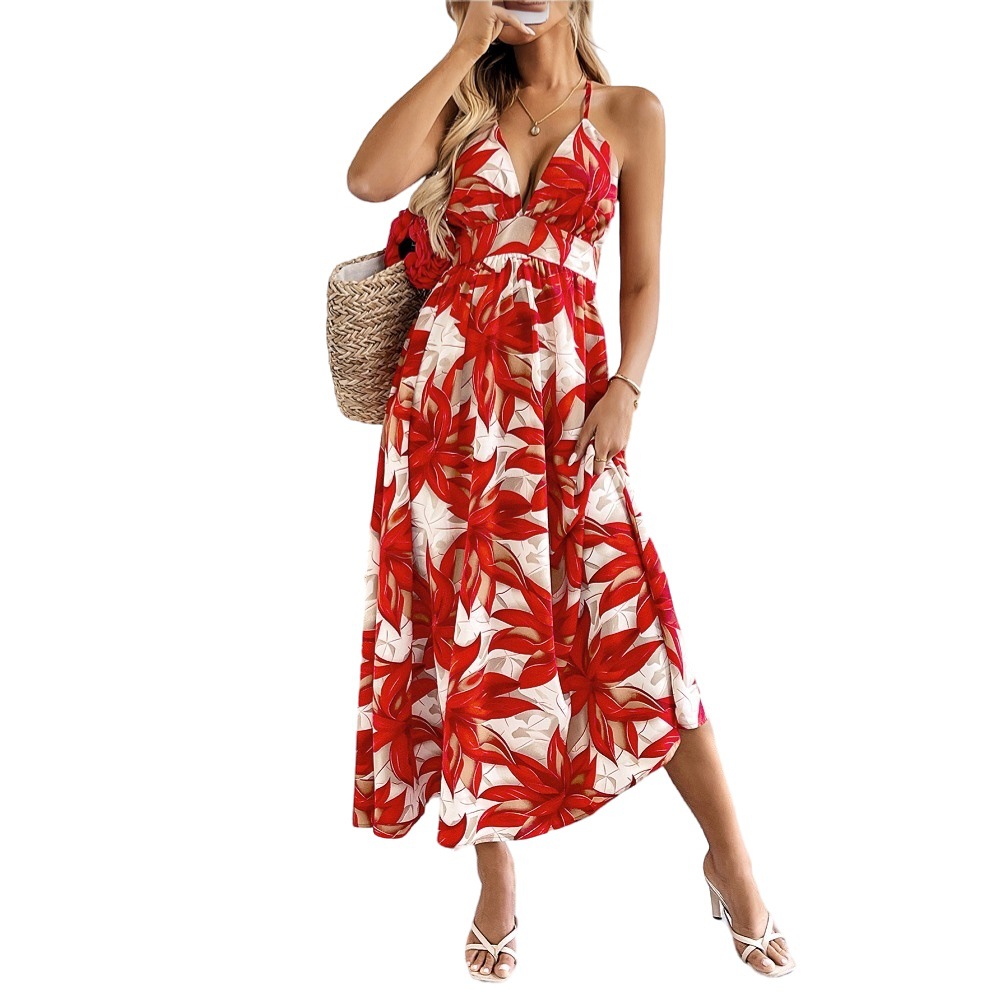 Casual Vacation Style Women's Dress Summer New Beach Maple Leaf Print Long Dress