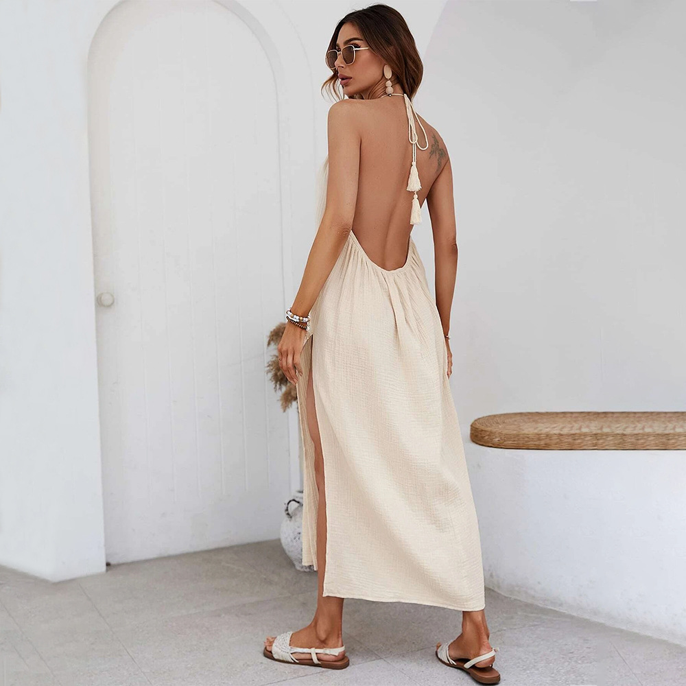 New European and American Style Woven Casual Halter Neck Dress with Open Back for Beach Vacation
