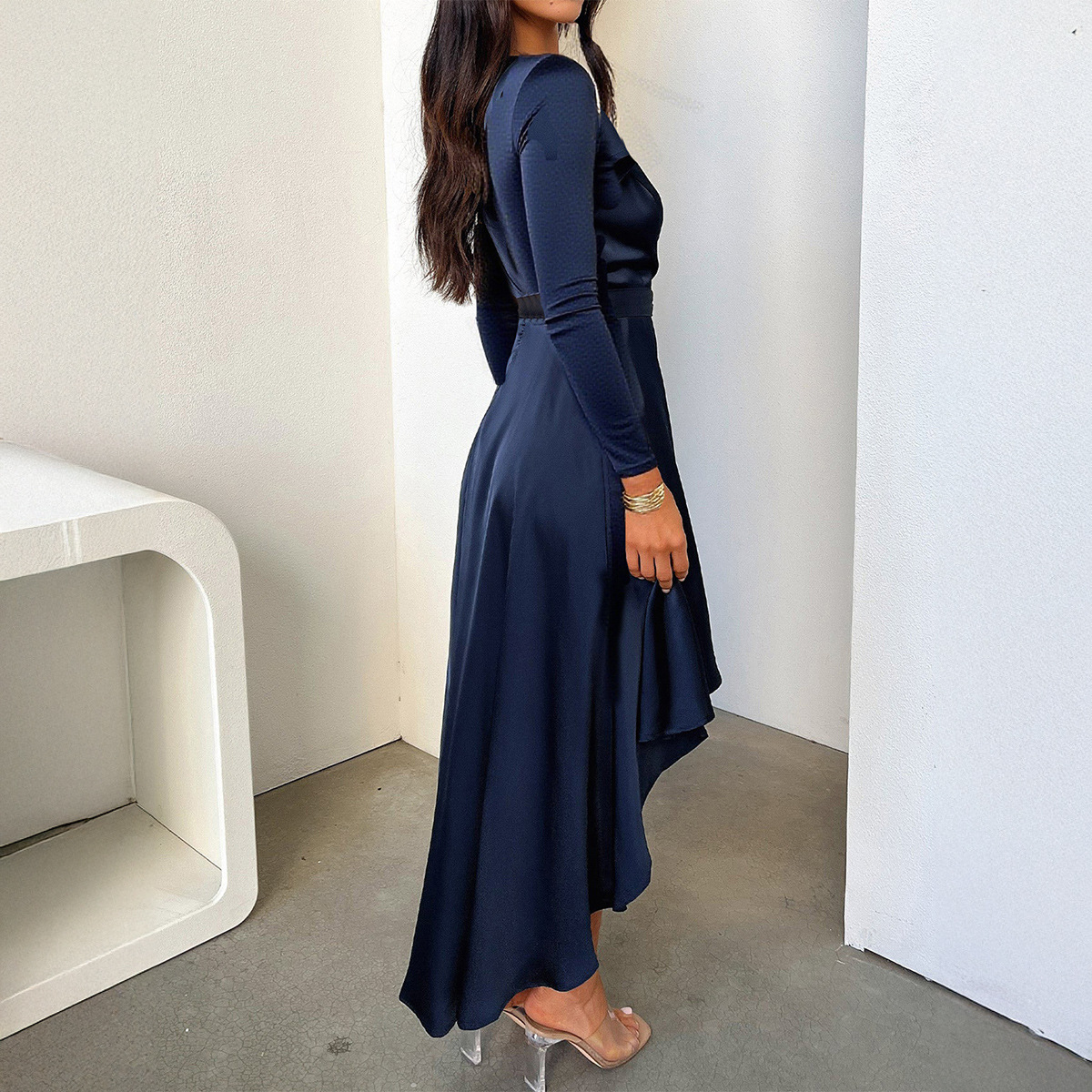 Elegant Tie Waist Floral Long Dress for Women Autumn Winter