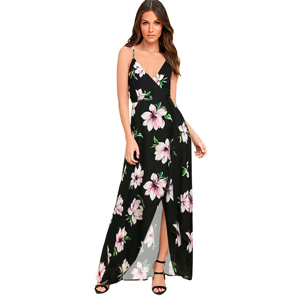 Womens Floral Maxi Dress V Neck Backless Sleeveless Beachwear for Summer Wholesale Available