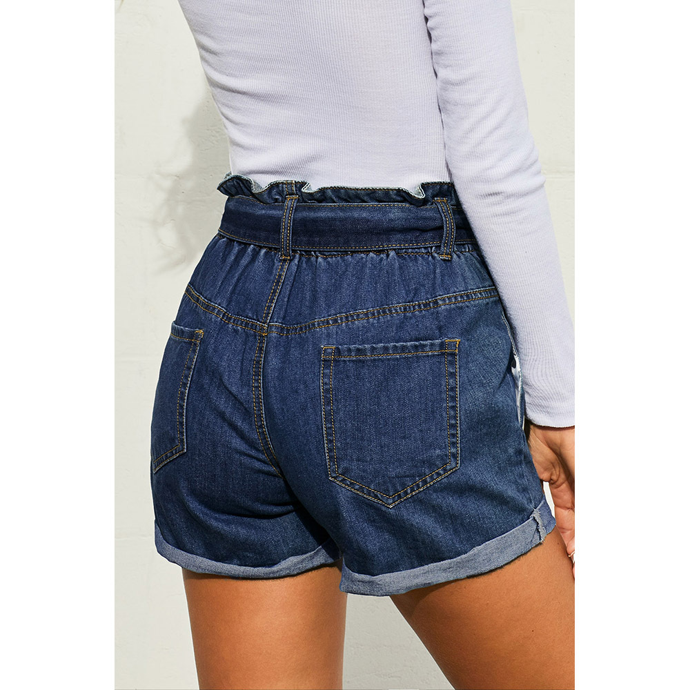 Womens High Waisted Denim Shorts Blue Paper Bag Waist Straight Leg Summer Casual Wear Wholesale Available