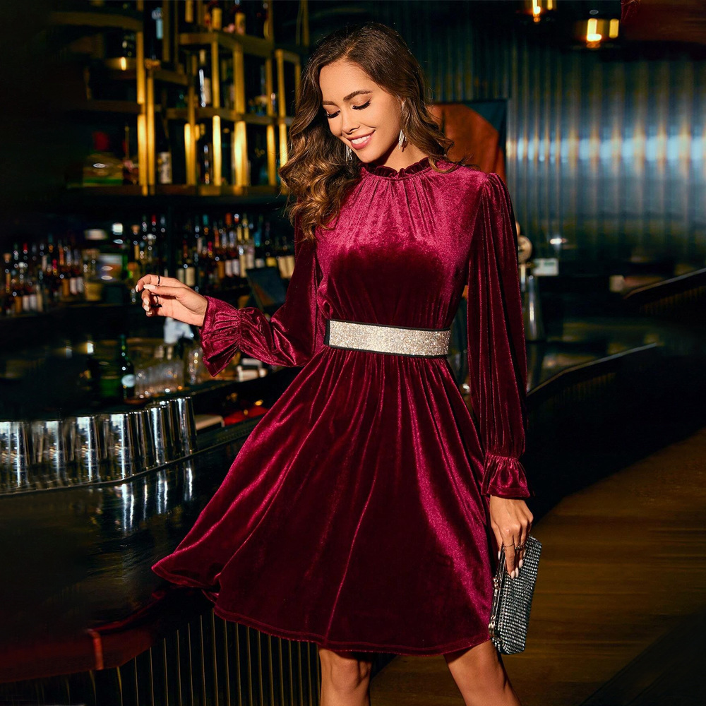 Velvet Elegant Slim Fit Half Turtleneck A line Short Dress