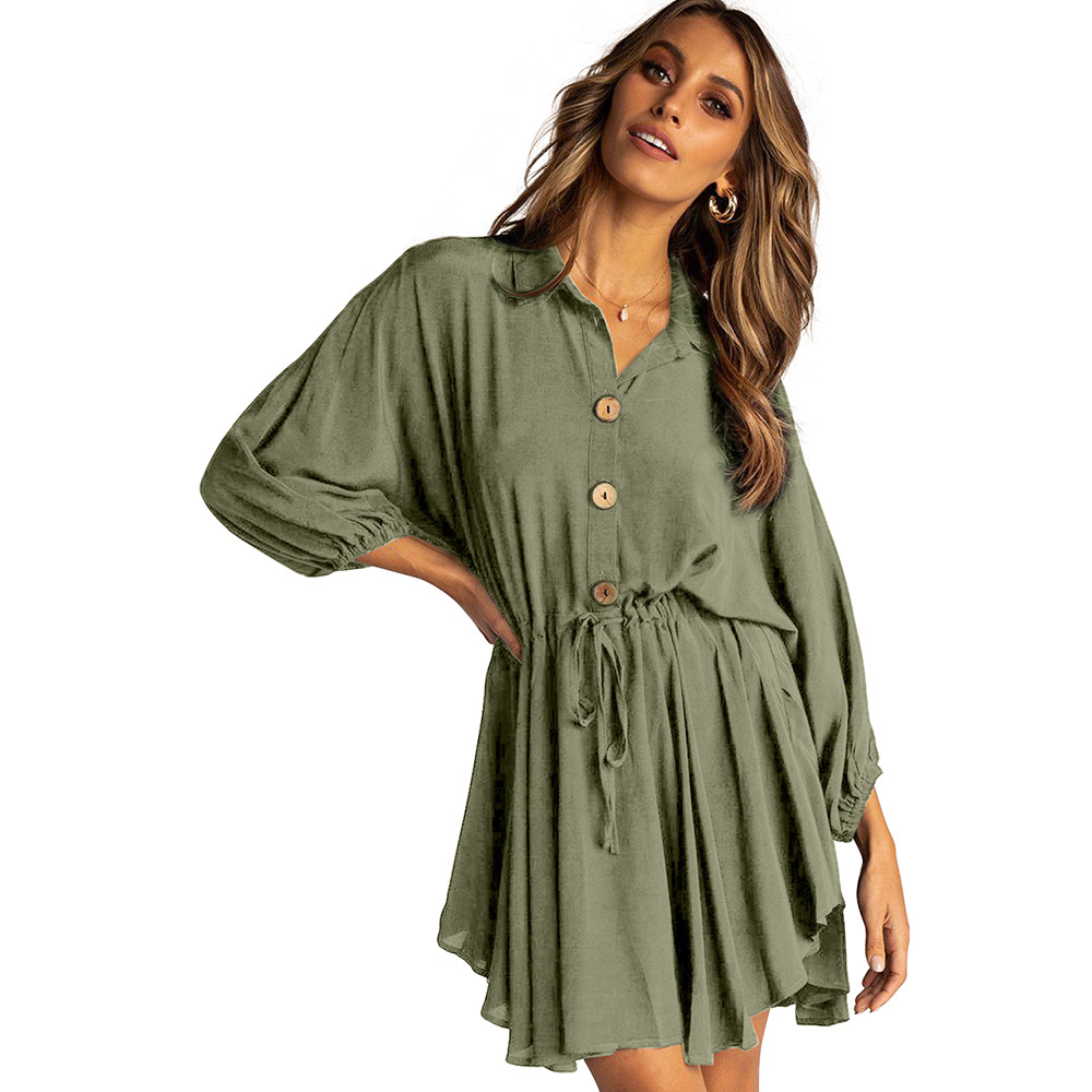 Womens Long Sleeve Shirt Dress Slim Fit Waist Defining Lantern Sleeves Autumn Fashion for Casual or Office Wear