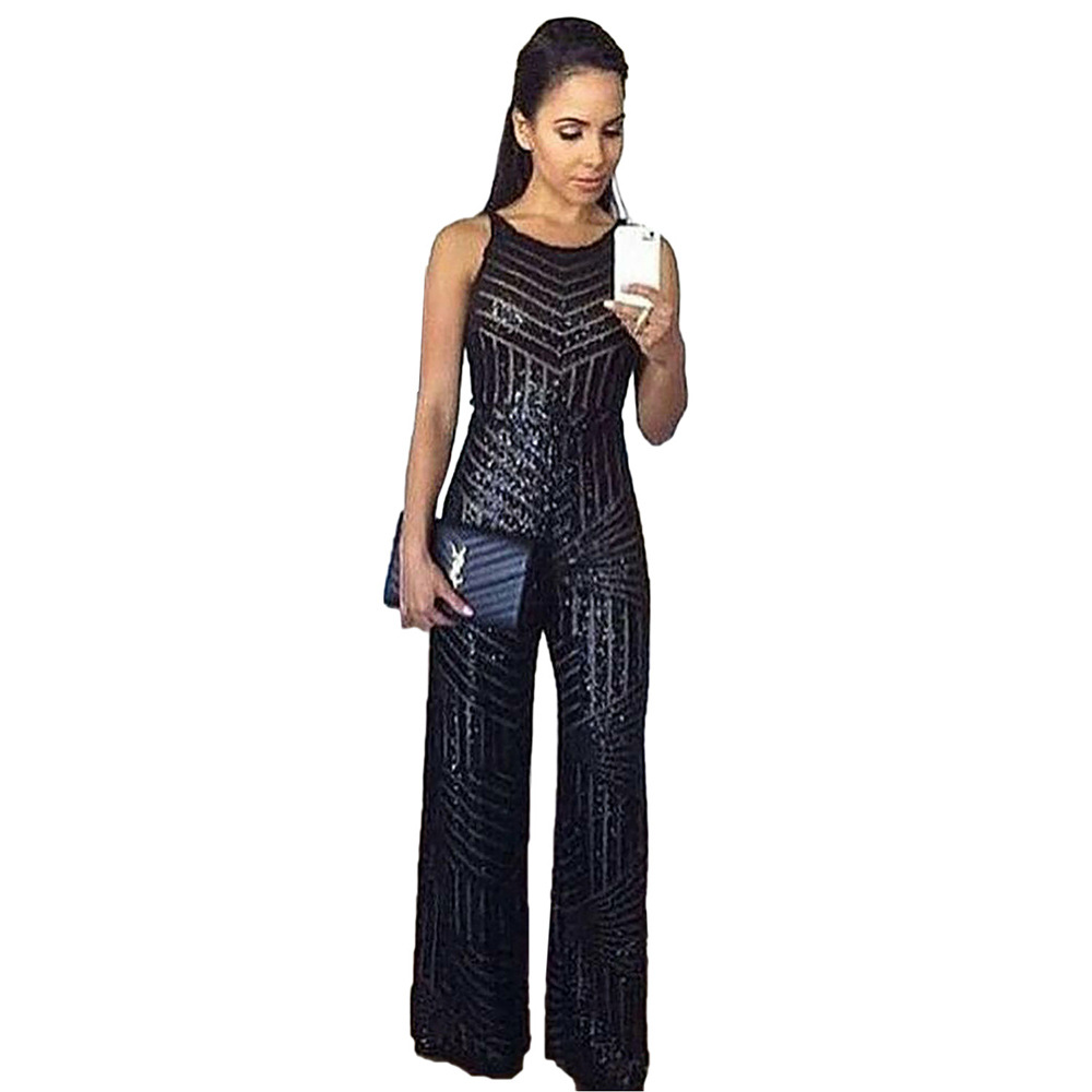 Womens Sequin Jumpsuit Sleeveless Round Neck High Waist Wide Leg Nightclub Party Wear Wholesale Available