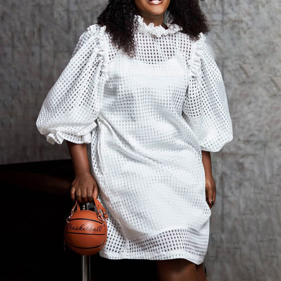 New Autumn Hollow Out Solid Color Puff Sleeve Two Piece Dress for Women, Stylish African Fashion, Cross Border Clothing