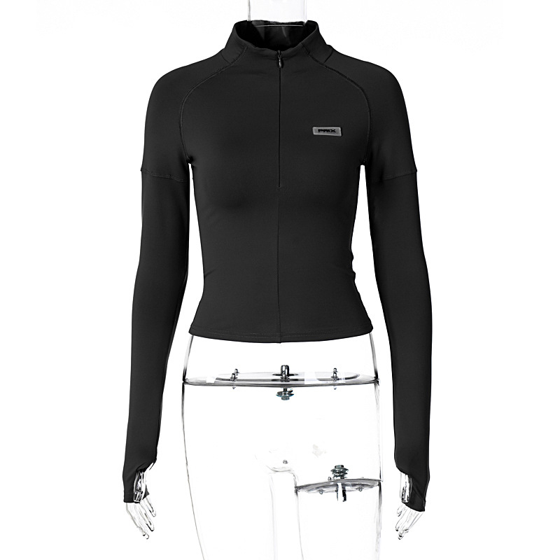 Slim Fit Half Turtleneck Long Sleeve Top Zipper Closure Lightweight Fabric Trendy Style Perfect for Casual Outings