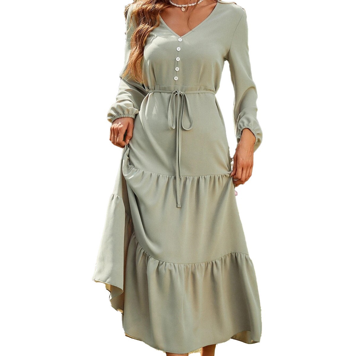 Spring Summer New Loose Casual Home Waist Slimming Long Sleeve Ruffle Dress Mid length Dress for Women