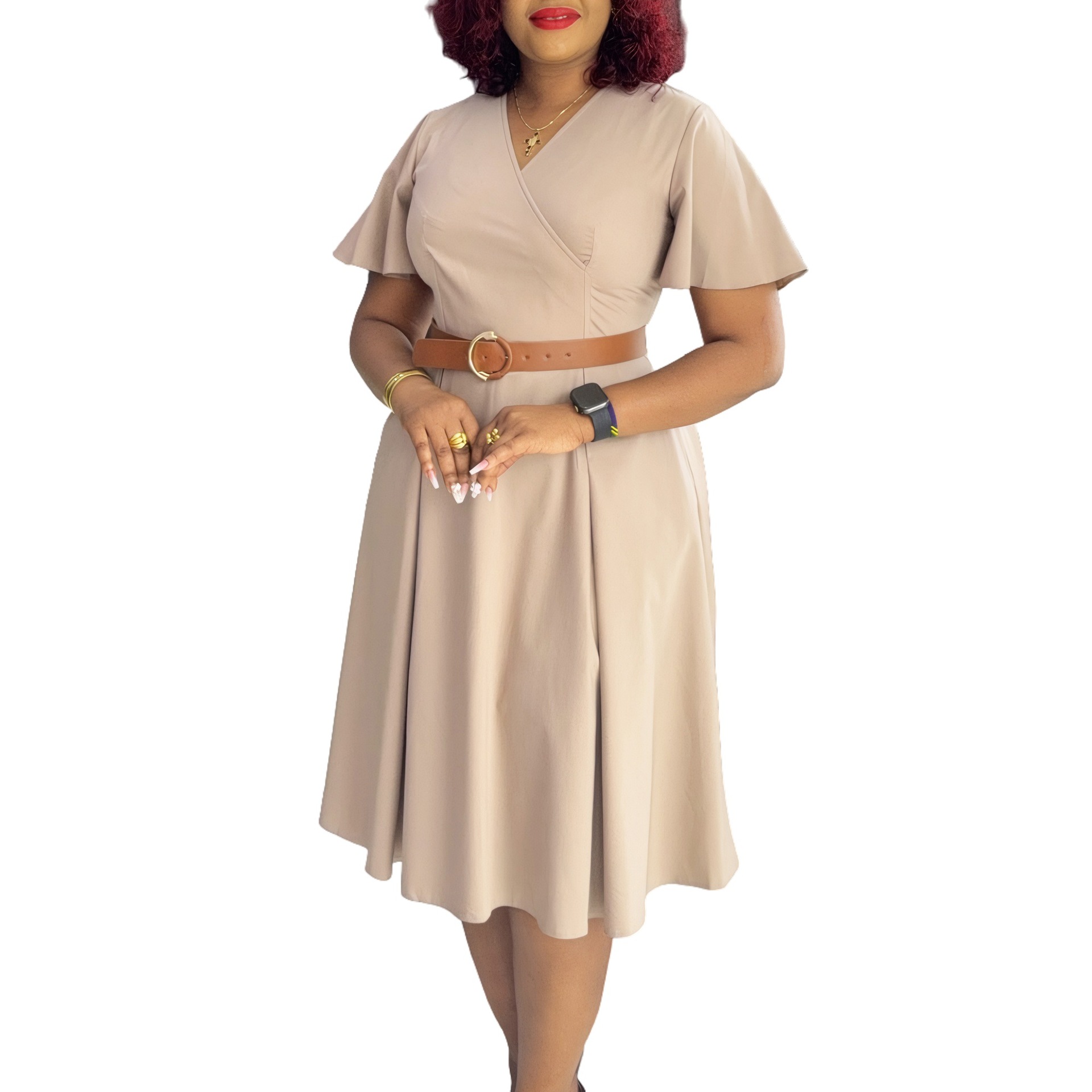 Summer New Women's V Neck Flare Sleeve Casual A Line Dress for Cross Border Fashion in Europe and America, African Style Dress