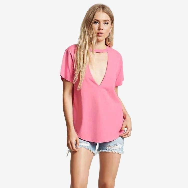 Trendy Womens Summer T Shirt Loose Fit Low Cut Neckline Short Sleeve Solid Color Casual Wear Wholesale Available