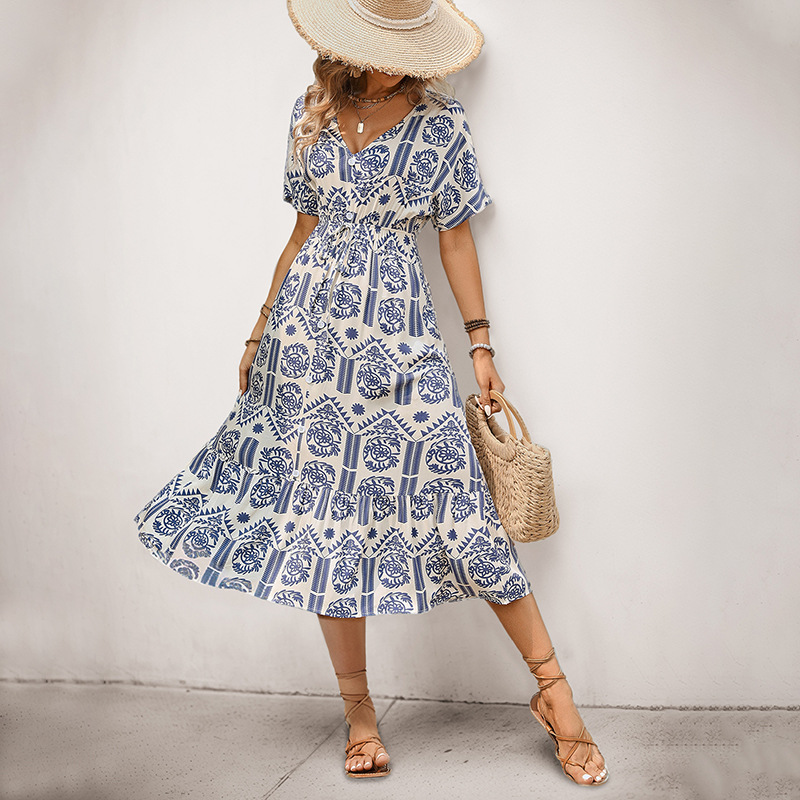 Summer New Casual Vacation Short Sleeve V Neck Ethnic Style Printed Dress