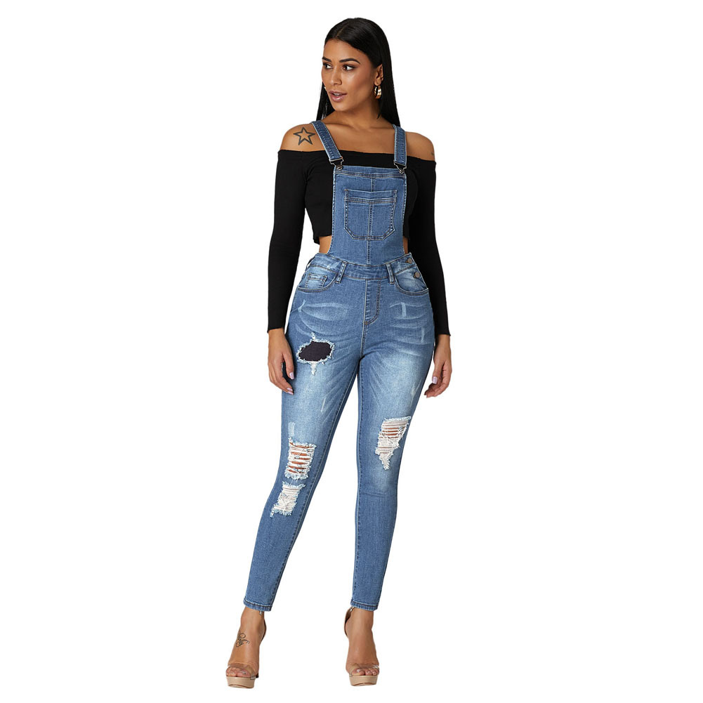 Fashionable Womens Denim Overalls Slim Fit Distressed Design Versatile Style Casual Wear Ready to Ship