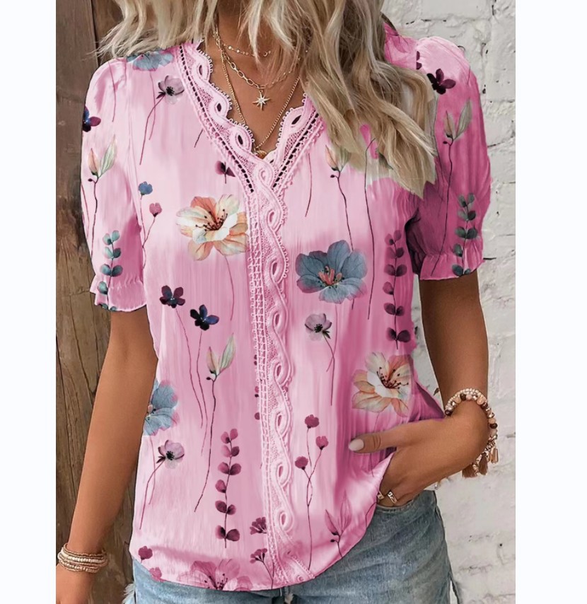 Womens Vintage Floral Lace V Neck T Shirt Comfortable Slim Fit Short Sleeve Summer Casual Wear Ready to Ship