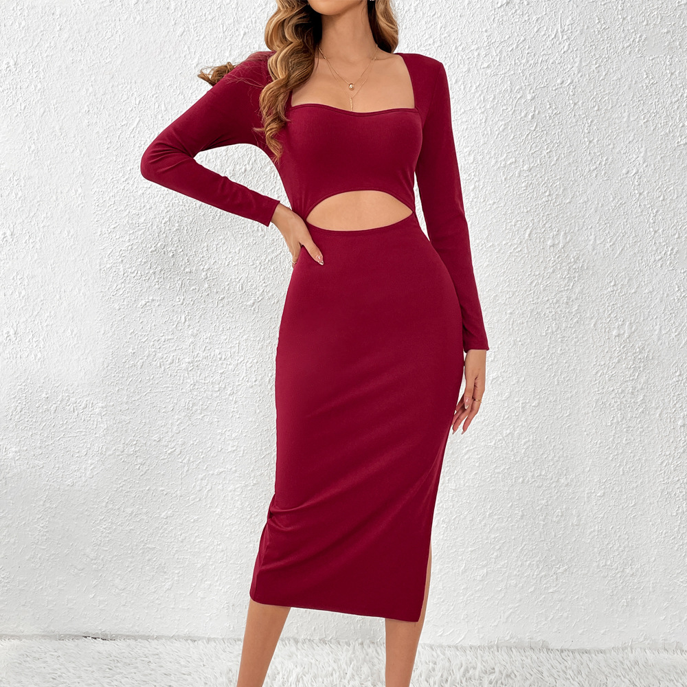 Sexy Slim High Waist Hollow Out Side Slit Bodycon Dress
