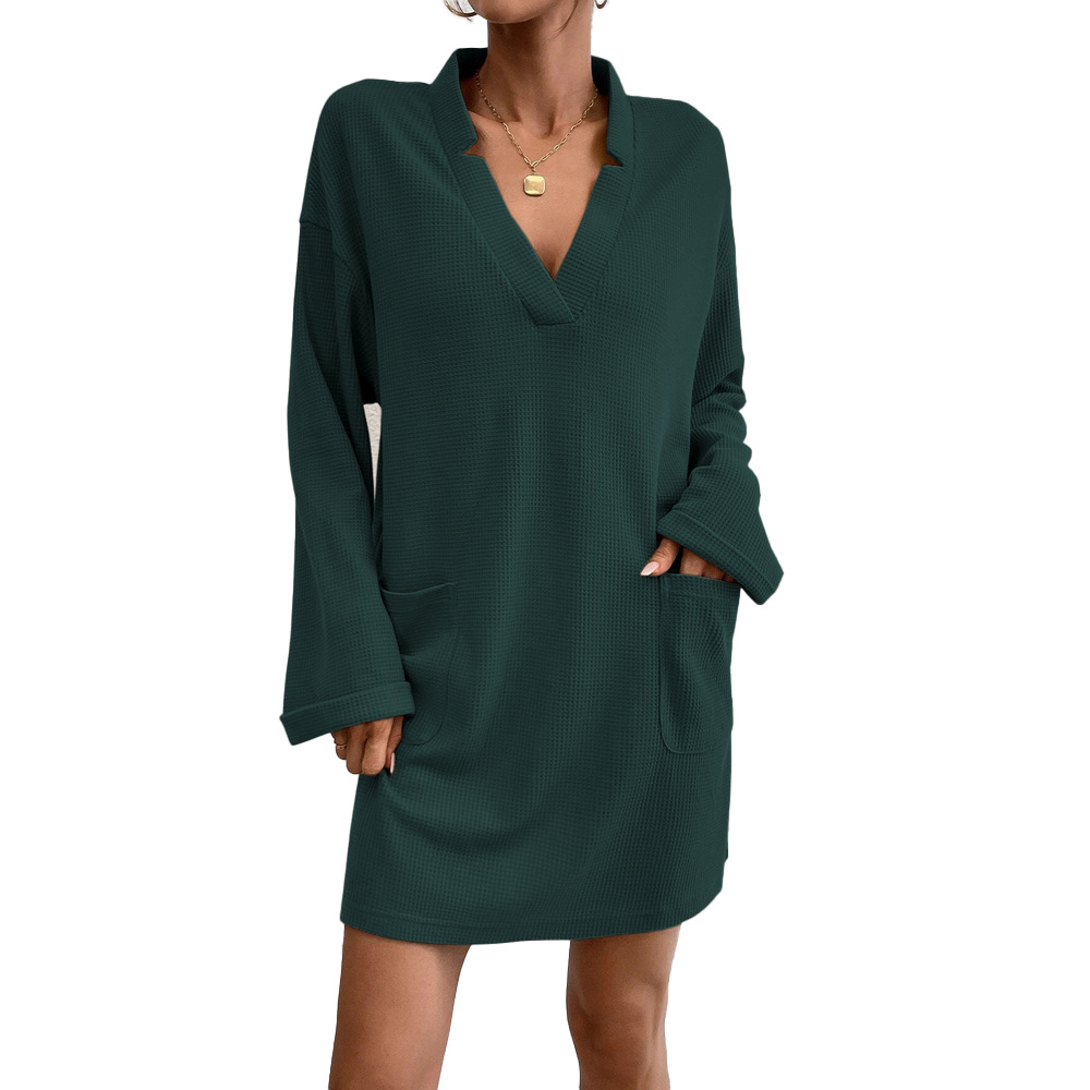 New Loose Casual Sexy V neck Pocket Long Sleeve Mini Dress