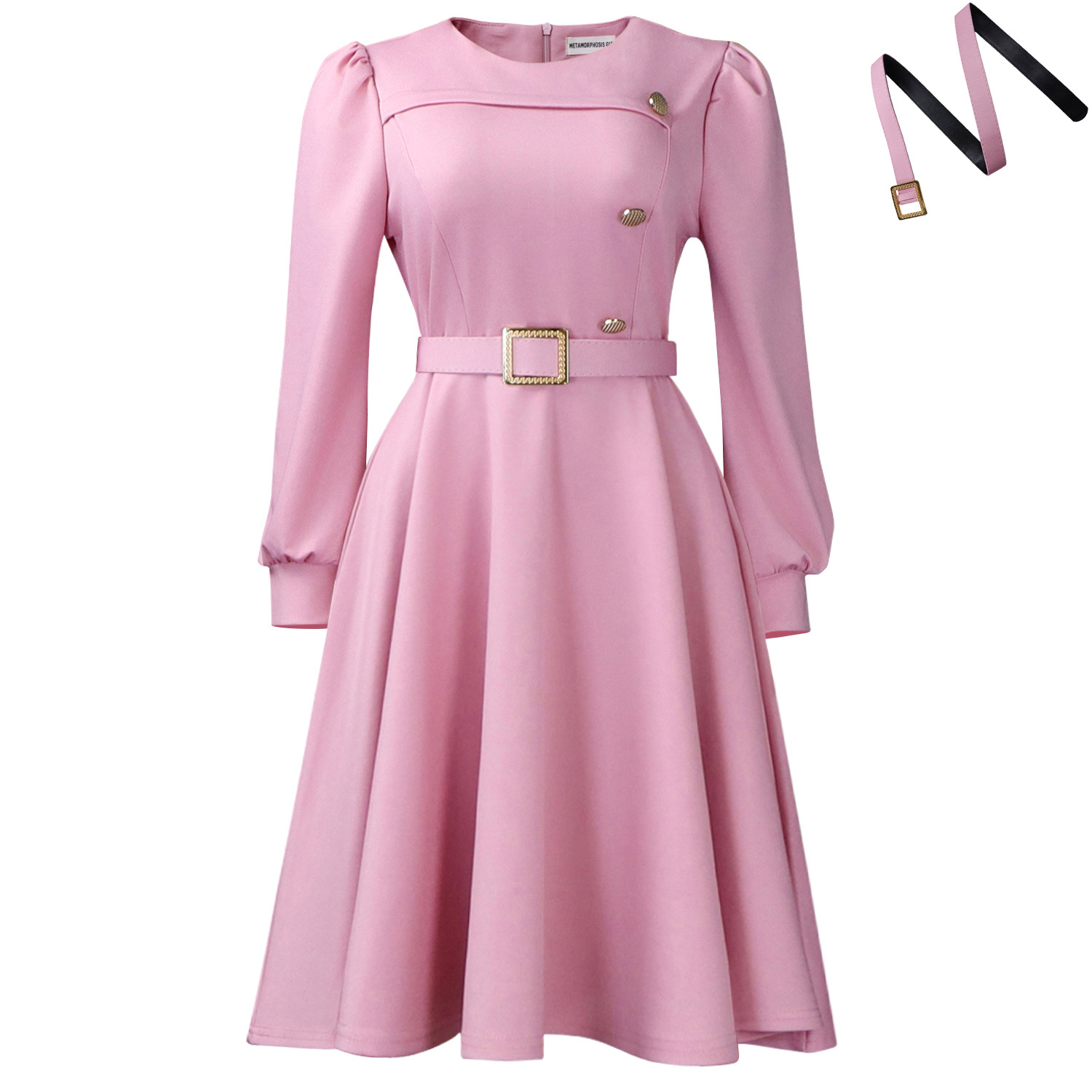 New Style Round Neck Long Sleeve High Waist A Line Dress Elegant Party Solid Color Foreign Trade African Dress